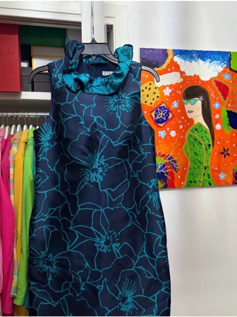 Trina Turk Navy & Teal Floral Ruffle-Neck Formal Dress